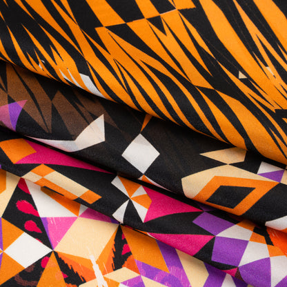 Silk Charmeuse Panel 16MM, Made in Italy - Pink, Purple and Orange Geometric Kaleidoscope Medallions
