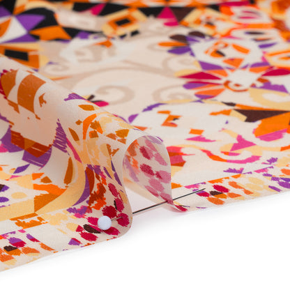 Silk Charmeuse Panel 16MM, Made in Italy - Pink, Purple and Orange Geometric Kaleidoscope Medallions