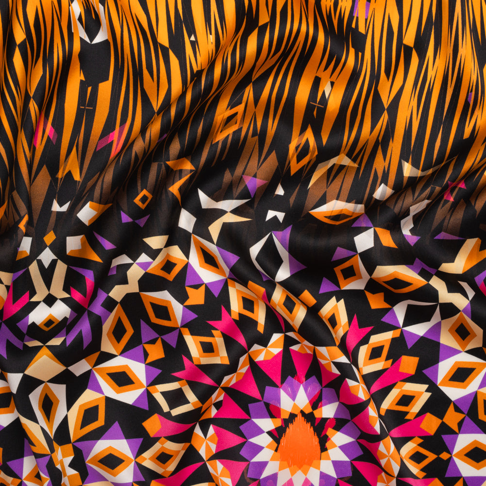 Silk Charmeuse Panel 16MM, Made in Italy - Pink, Purple and Orange Geometric Kaleidoscope Medallions