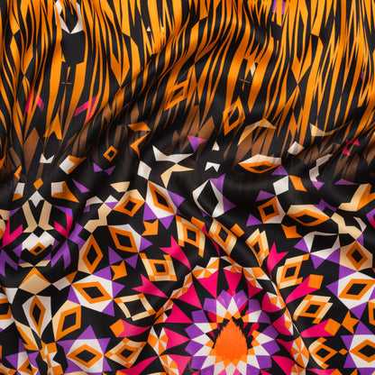 Silk Charmeuse Panel 16MM, Made in Italy - Pink, Purple and Orange Geometric Kaleidoscope Medallions