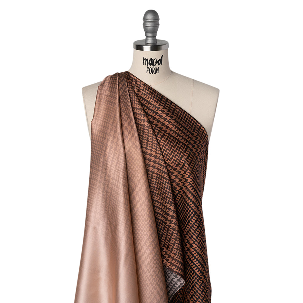 Silk Charmeuse Print 16MM, Made in Italy - Peachy Pink, Burnt Orange and Black Glen Check Ombre - Drape