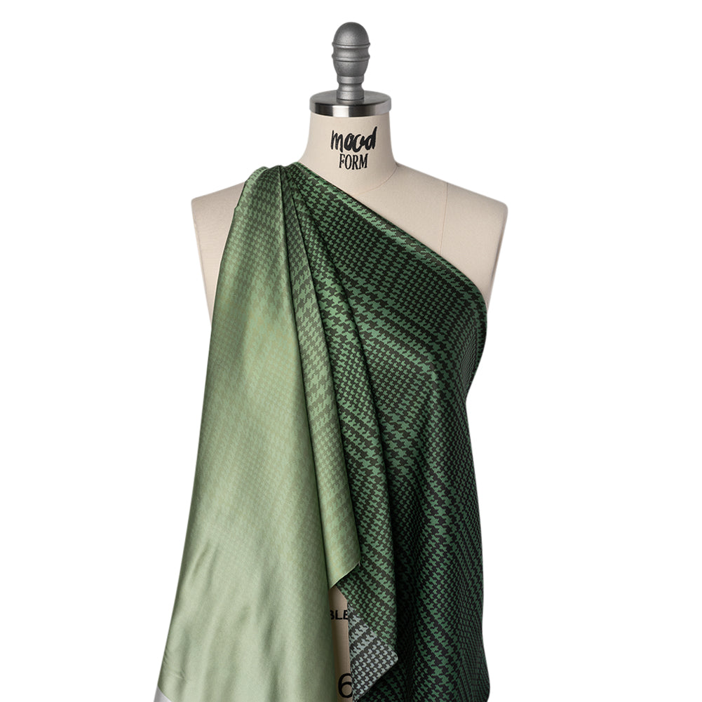 Silk Charmeuse Print 16MM, Made in Italy - Sage, Forest Green and Black Glen Check Ombre - Drape