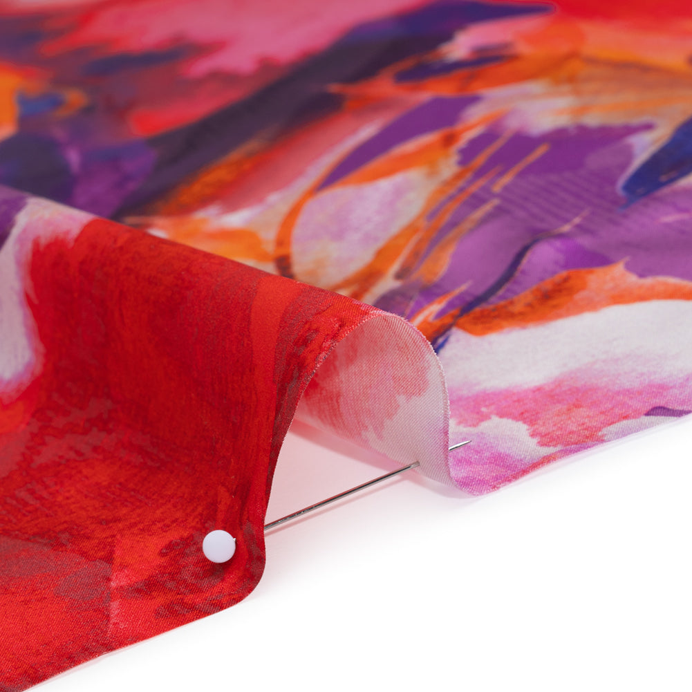 Silk Charmeuse Print 16MM, Made in Italy - Purple, Crimson and Orange Watercolor Flowers - Detail