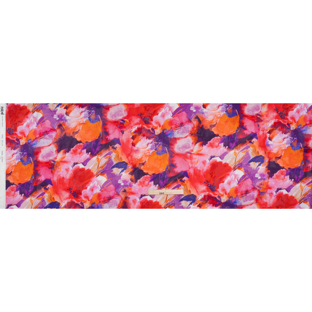 Silk Charmeuse Print 16MM, Made in Italy - Purple, Crimson and Orange Watercolor Flowers - Full