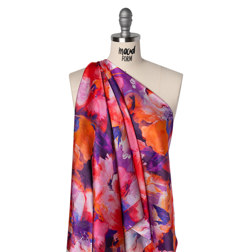 Silk Charmeuse Print 16MM, Made in Italy - Purple, Crimson and Orange Watercolor Flowers - Drape