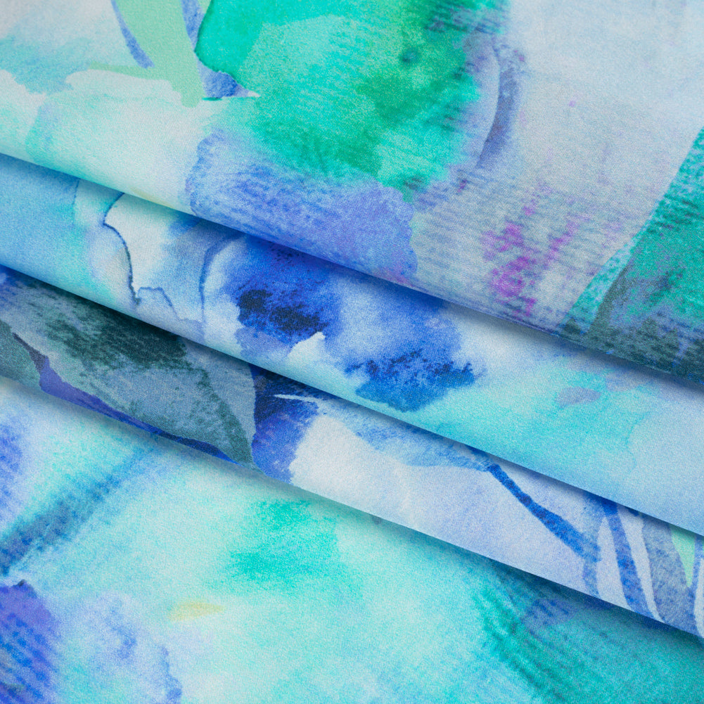 Silk Charmeuse Print 16MM, Made in Italy - Blue, Green and Light Purple Watercolor Flowers - Folded