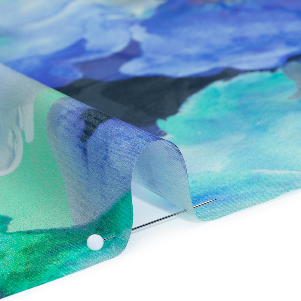 Silk Charmeuse Print 16MM, Made in Italy - Blue, Green and Light Purple Watercolor Flowers - Detail