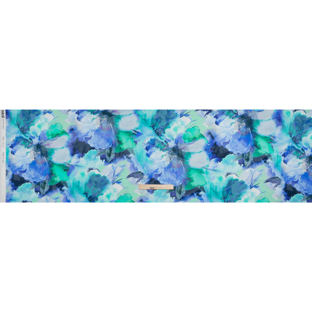Silk Charmeuse Print 16MM, Made in Italy - Blue, Green and Light Purple Watercolor Flowers - Full
