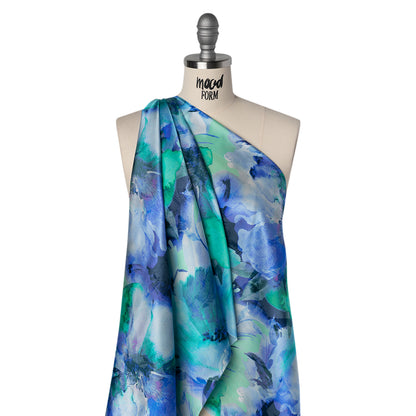 Silk Charmeuse Print 16MM, Made in Italy - Blue, Green and Light Purple Watercolor Flowers