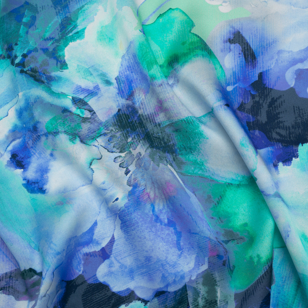 Silk Charmeuse Print 16MM, Made in Italy - Blue, Green and Light Purple Watercolor Flowers