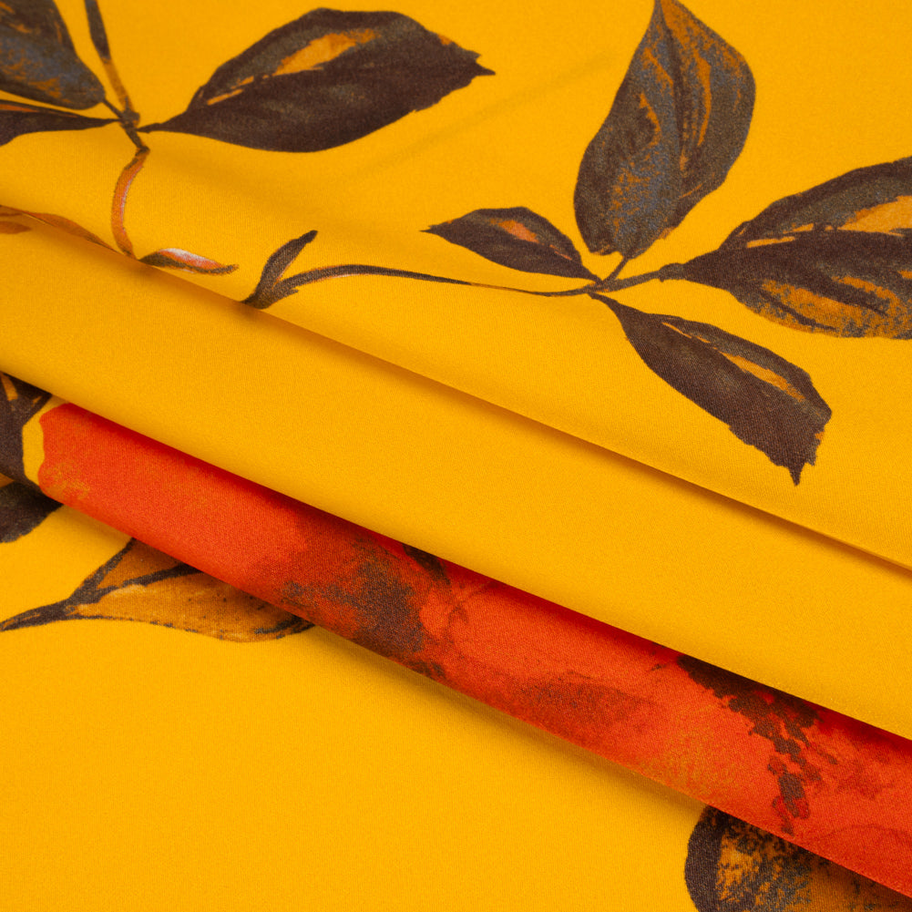Silk Charmeuse Print 16MM, Made in Italy - Golden Yellow and Red Scattered Roses - Folded