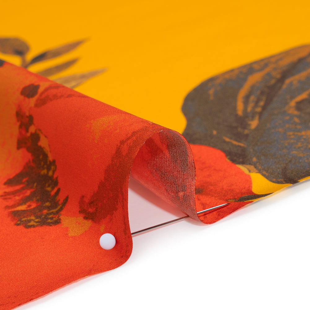 Silk Charmeuse Print 16MM, Made in Italy - Golden Yellow and Red Scattered Roses - Detail