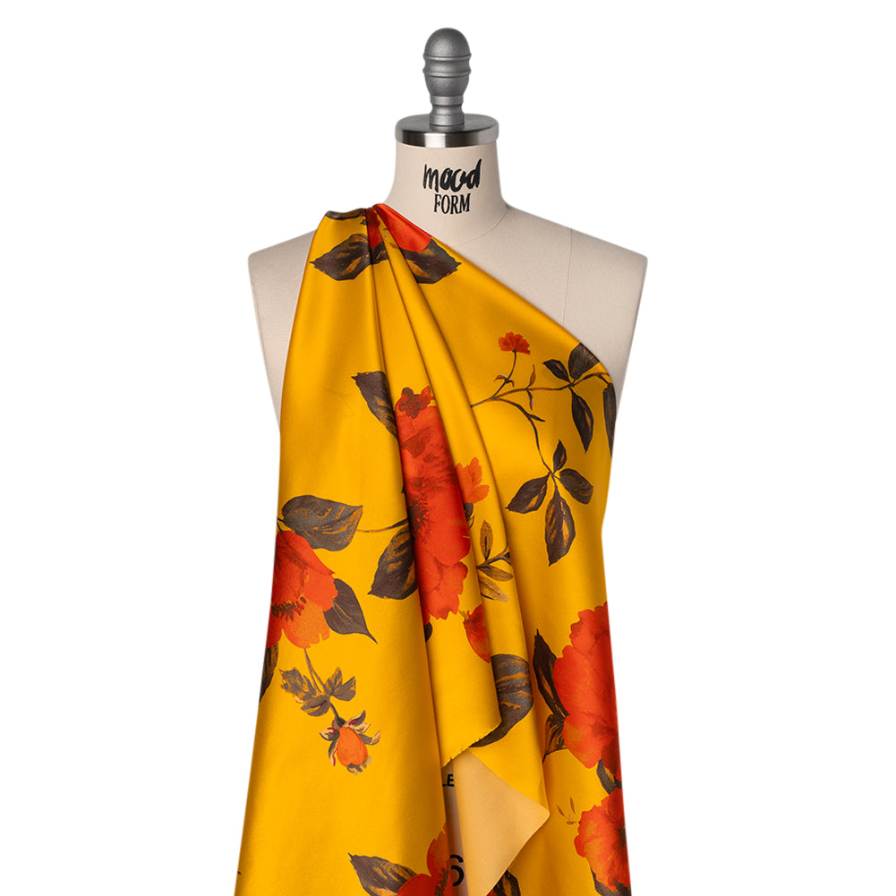 Silk Charmeuse Print 16MM, Made in Italy - Golden Yellow and Red Scattered Roses - Drape