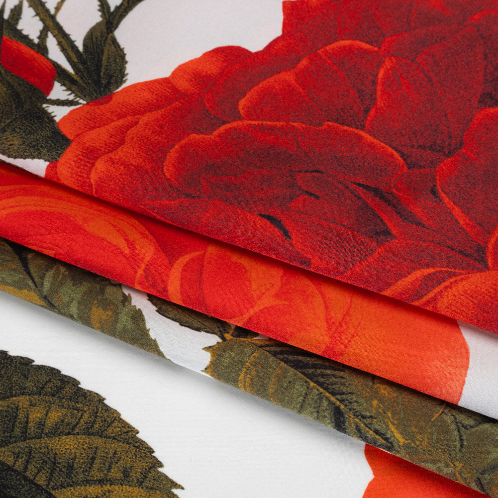 Silk Charmeuse Print 16MM, Made in Italy - White, Red and Olive Green Roses and Stems - Folded