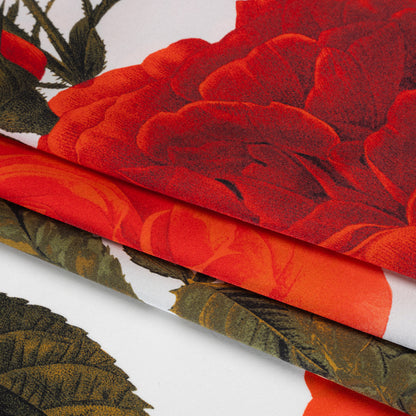 Silk Charmeuse Print 16MM, Made in Italy - White, Red and Olive Green Roses and Stems