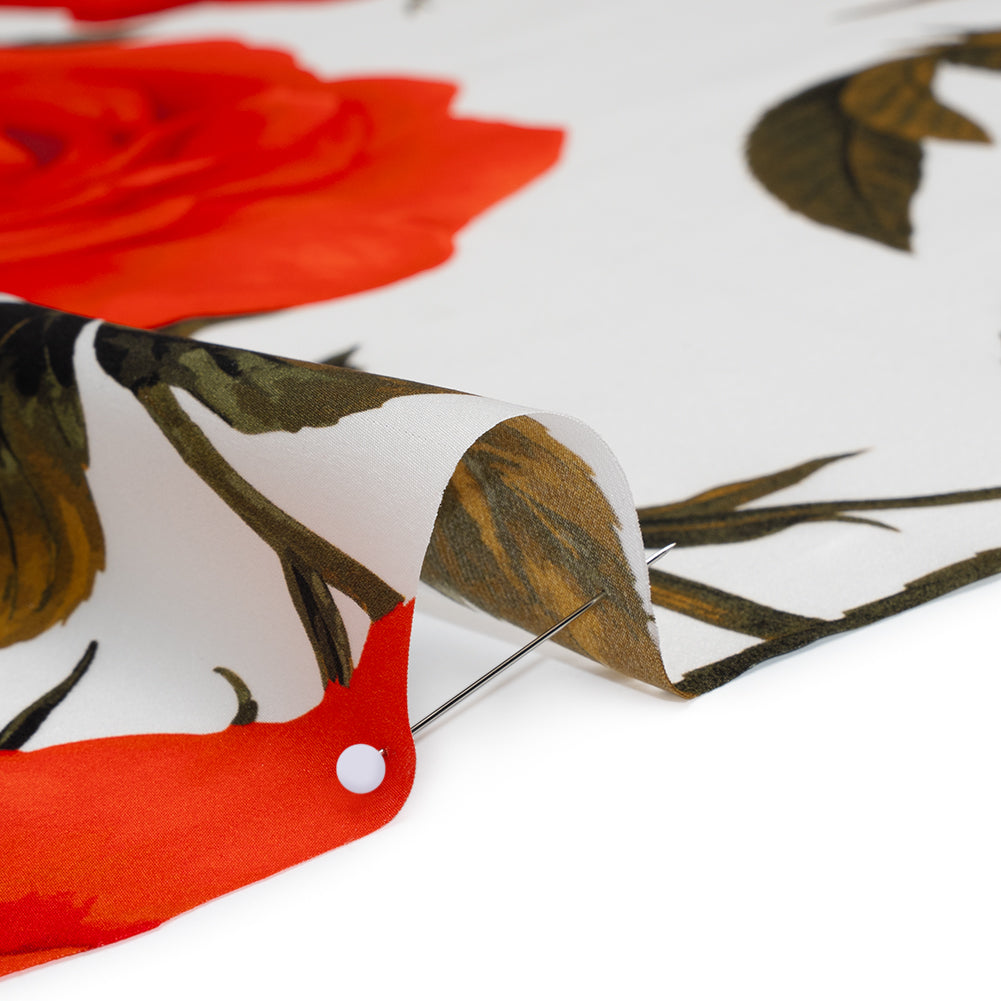 Silk Charmeuse Print 16MM, Made in Italy - White, Red and Olive Green Roses and Stems - Detail