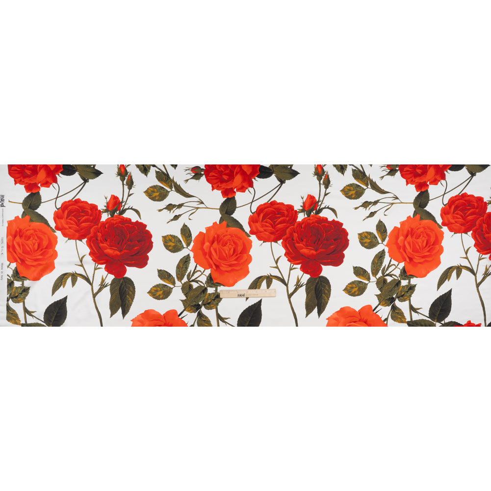 Silk Charmeuse Print 16MM, Made in Italy - White, Red and Olive Green Roses and Stems - Full