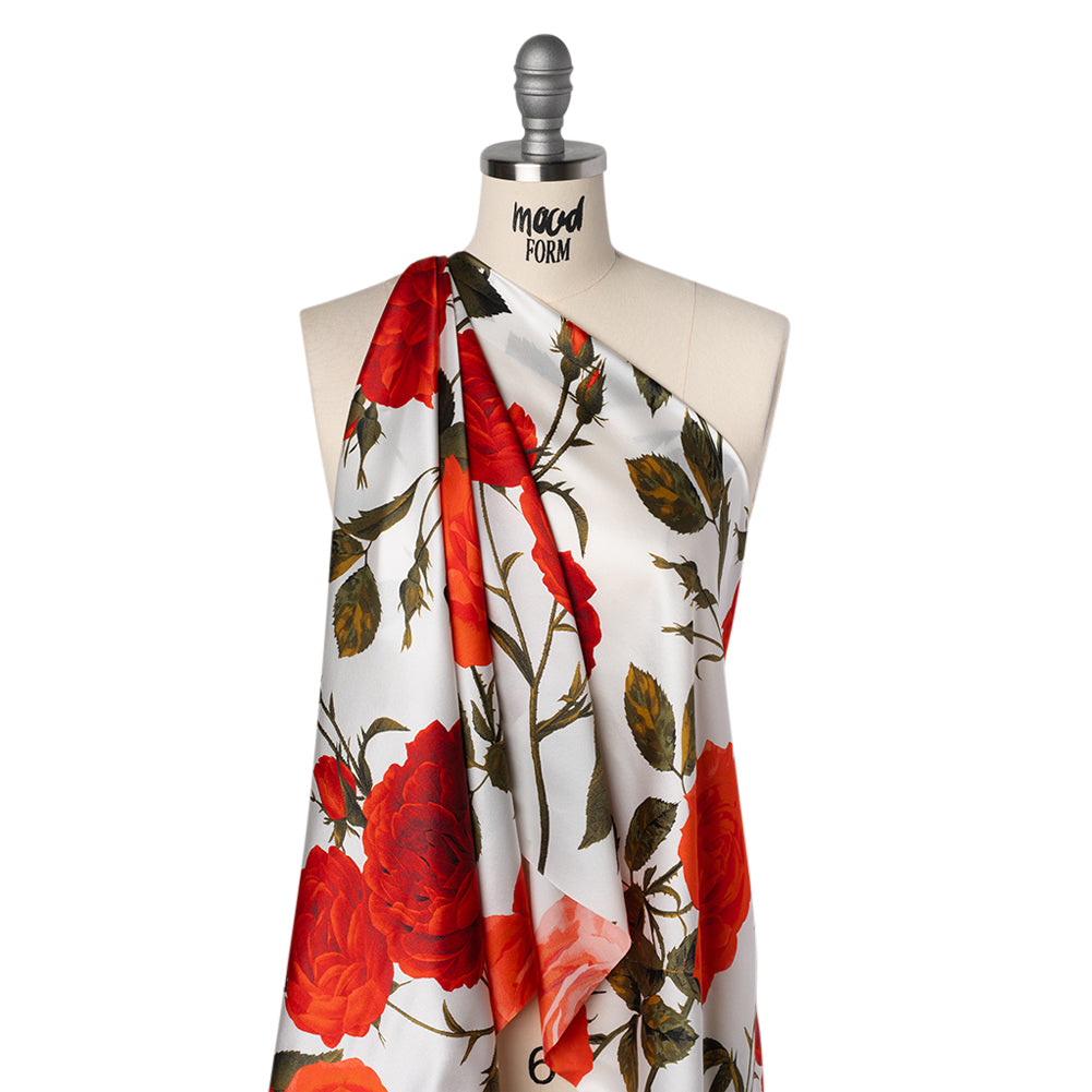 Silk Charmeuse Print 16MM, Made in Italy - White, Red and Olive Green Roses and Stems - Drape