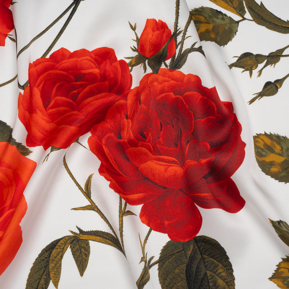 Silk Charmeuse Print 16MM, Made in Italy - White, Red and Olive Green Roses and Stems