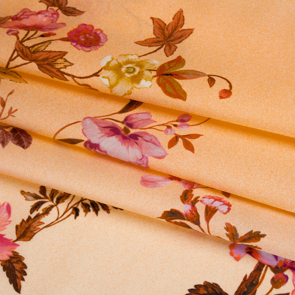 Silk Charmeuse Print 16MM, Made in Italy - Peach Ombre with Pink and Brown Floral Borders - Folded
