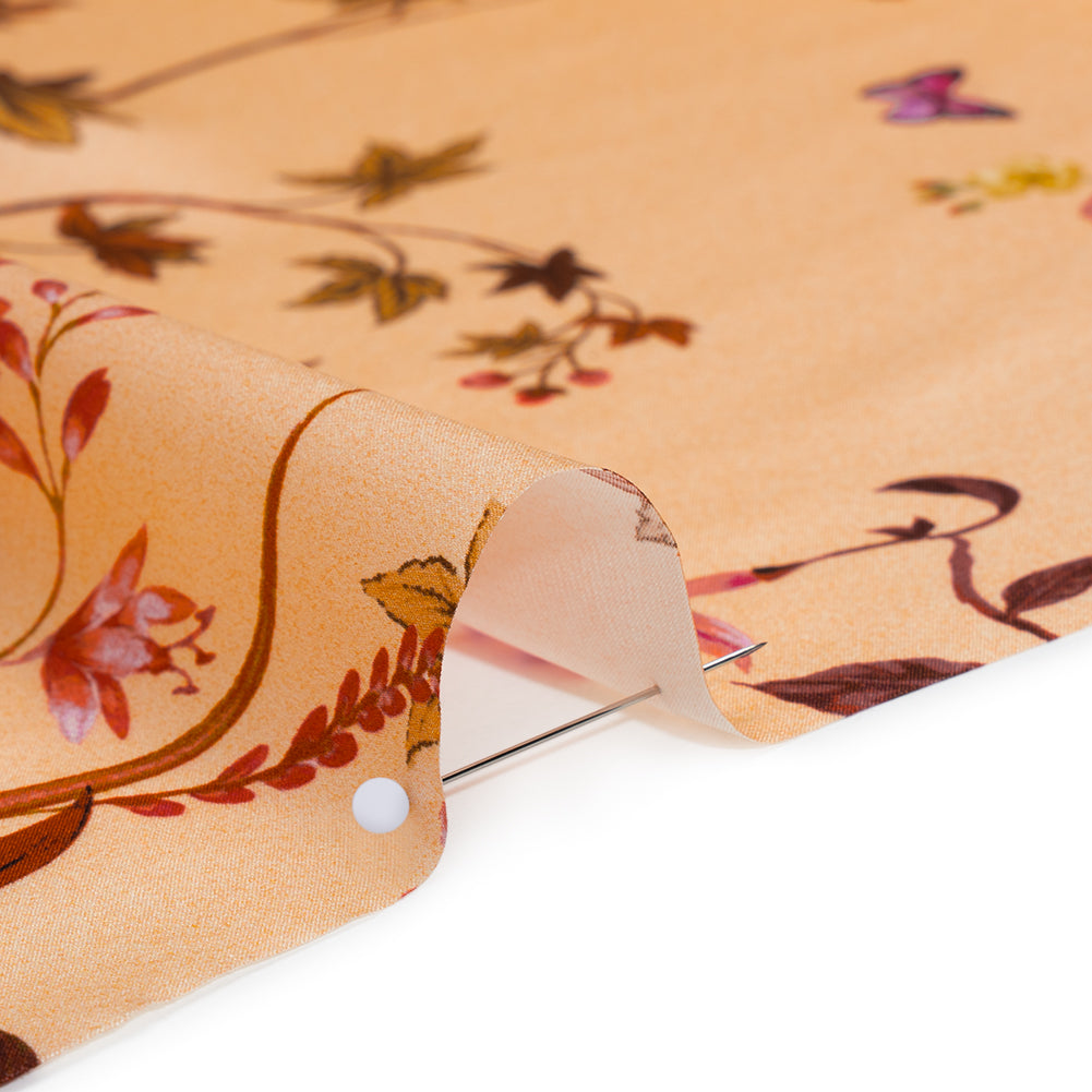 Silk Charmeuse Print 16MM, Made in Italy - Peach Ombre with Pink and Brown Floral Borders - Detail