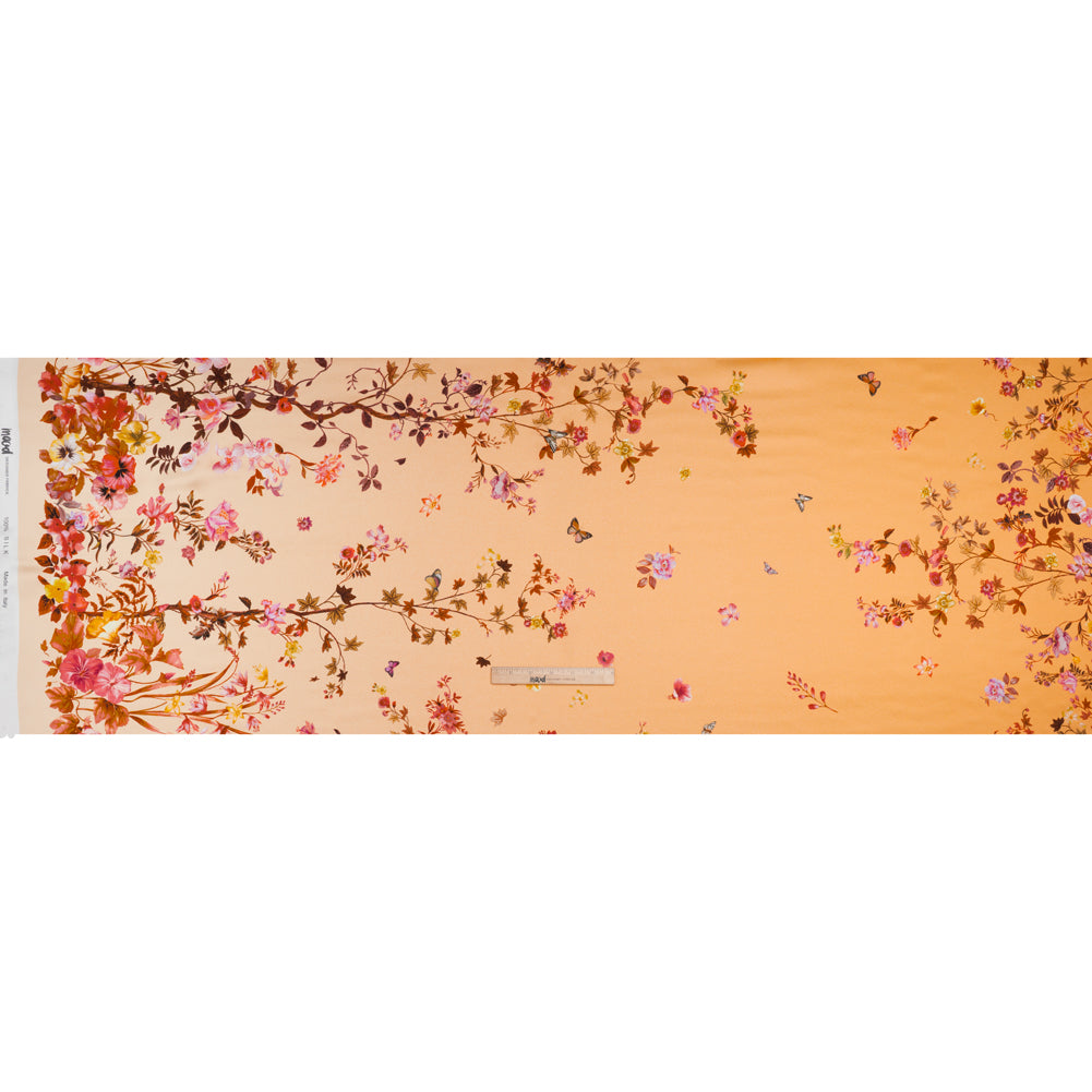 Silk Charmeuse Print 16MM, Made in Italy - Peach Ombre with Pink and Brown Floral Borders - Full