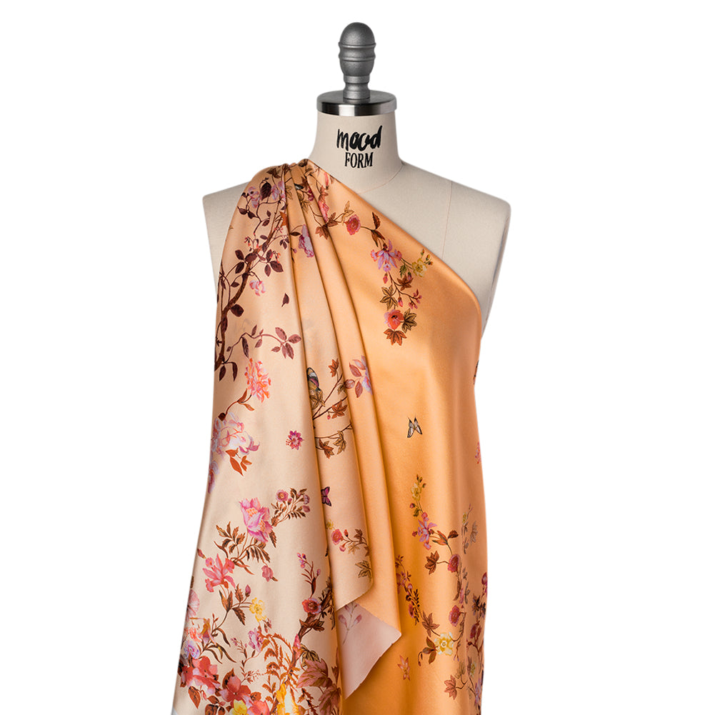 Silk Charmeuse Print 16MM, Made in Italy - Peach Ombre with Pink and Brown Floral Borders - Drape