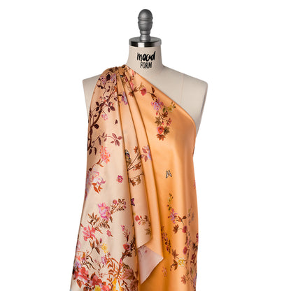 Silk Charmeuse Print 16MM, Made in Italy - Peach Ombre with Pink and Brown Floral Borders