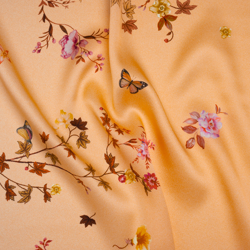Silk Charmeuse Print 16MM, Made in Italy - Peach Ombre with Pink and Brown Floral Borders