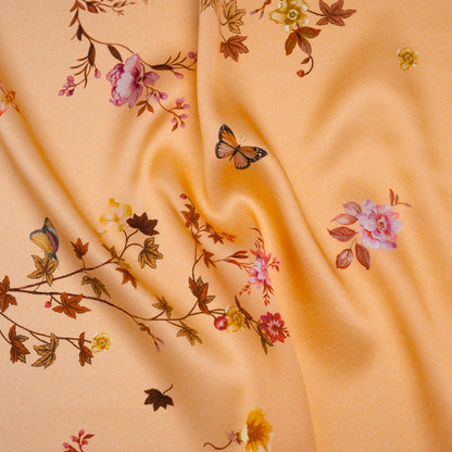 Silk Charmeuse Print 16MM, Made in Italy - Peach Ombre with Pink and Brown Floral Borders