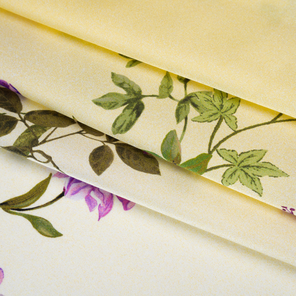 Silk Charmeuse Print 16MM, Made in Italy - Yellow Ombre with Purple and Blue Floral Borders - Folded
