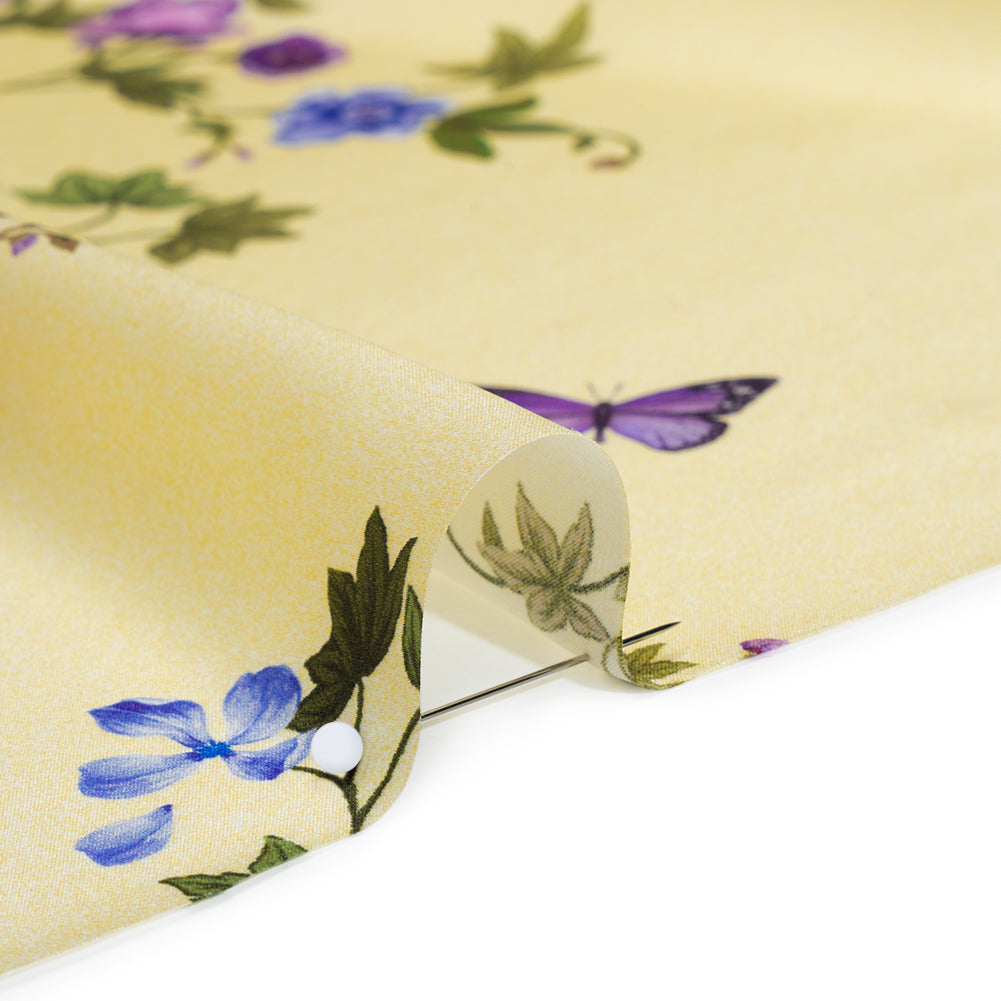 Silk Charmeuse Print 16MM, Made in Italy - Yellow Ombre with Purple and Blue Floral Borders - Detail