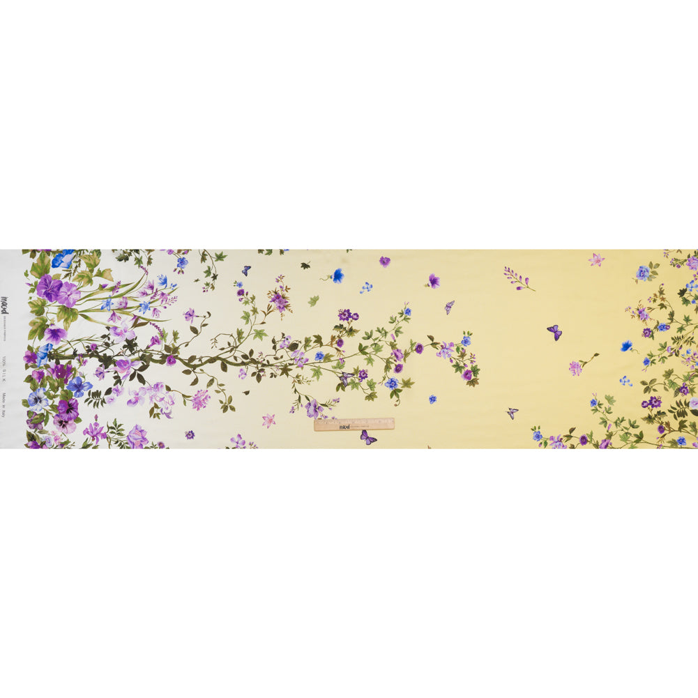 Silk Charmeuse Print 16MM, Made in Italy - Yellow Ombre with Purple and Blue Floral Borders - Full