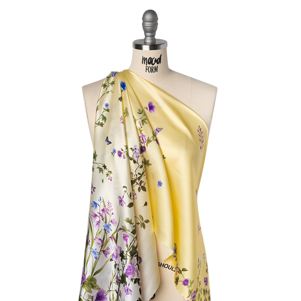 Silk Charmeuse Print 16MM, Made in Italy - Yellow Ombre with Purple and Blue Floral Borders - Drape