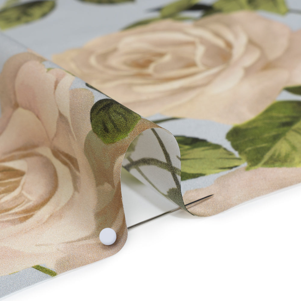 Silk Charmeuse Print 16MM, Made in Italy - Pale Blue, White and Green Bunches of Roses - Detail