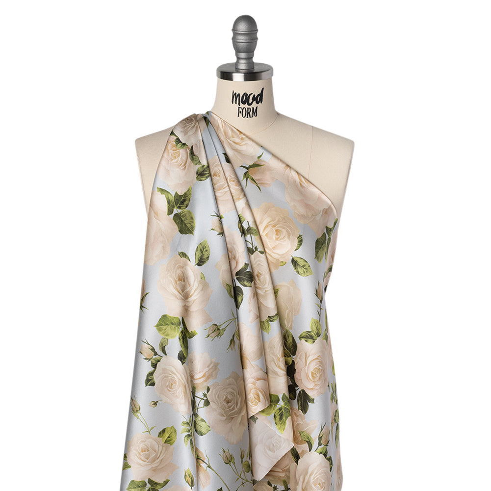 Silk Charmeuse Print 16MM, Made in Italy - Pale Blue, White and Green Bunches of Roses - Drape