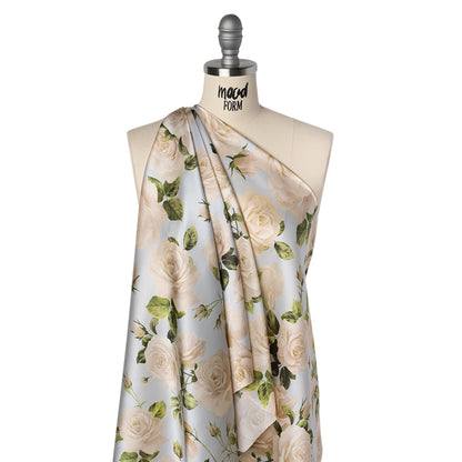 Silk Charmeuse Print 16MM, Made in Italy - Pale Blue, White and Green Bunches of Roses
