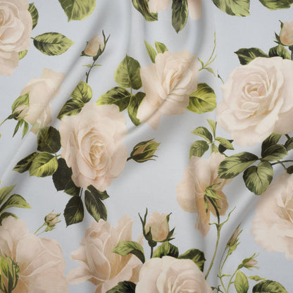 Silk Charmeuse Print 16MM, Made in Italy - Pale Blue, White and Green Bunches of Roses