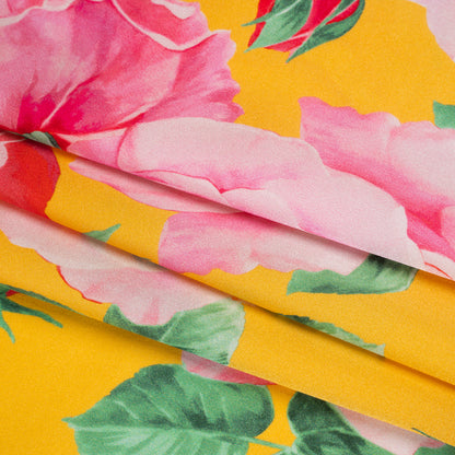 Silk Charmeuse Print 16MM, Made in Italy - Yellow, Pink and Green Bunches of Roses