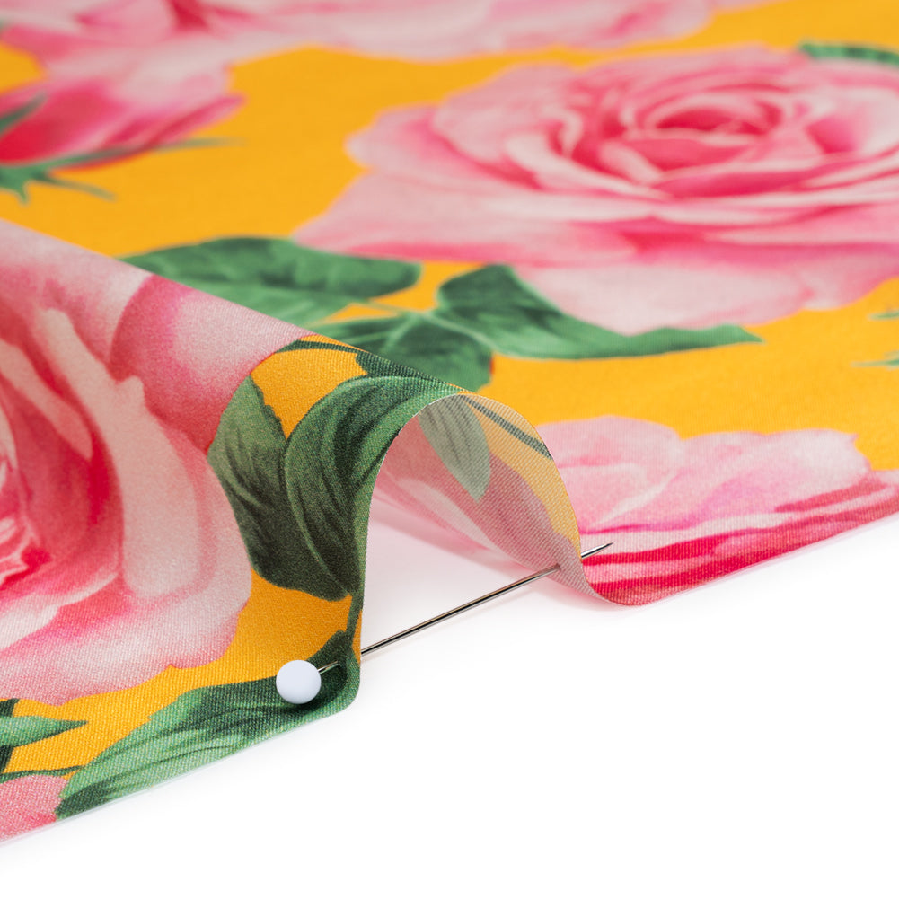Silk Charmeuse Print 16MM, Made in Italy - Yellow, Pink and Green Bunches of Roses - Detail