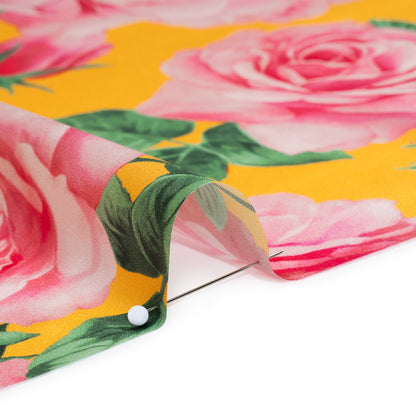 Silk Charmeuse Print 16MM, Made in Italy - Yellow, Pink and Green Bunches of Roses