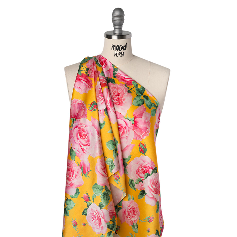 Silk Charmeuse Print 16MM, Made in Italy - Yellow, Pink and Green Bunches of Roses - Drape