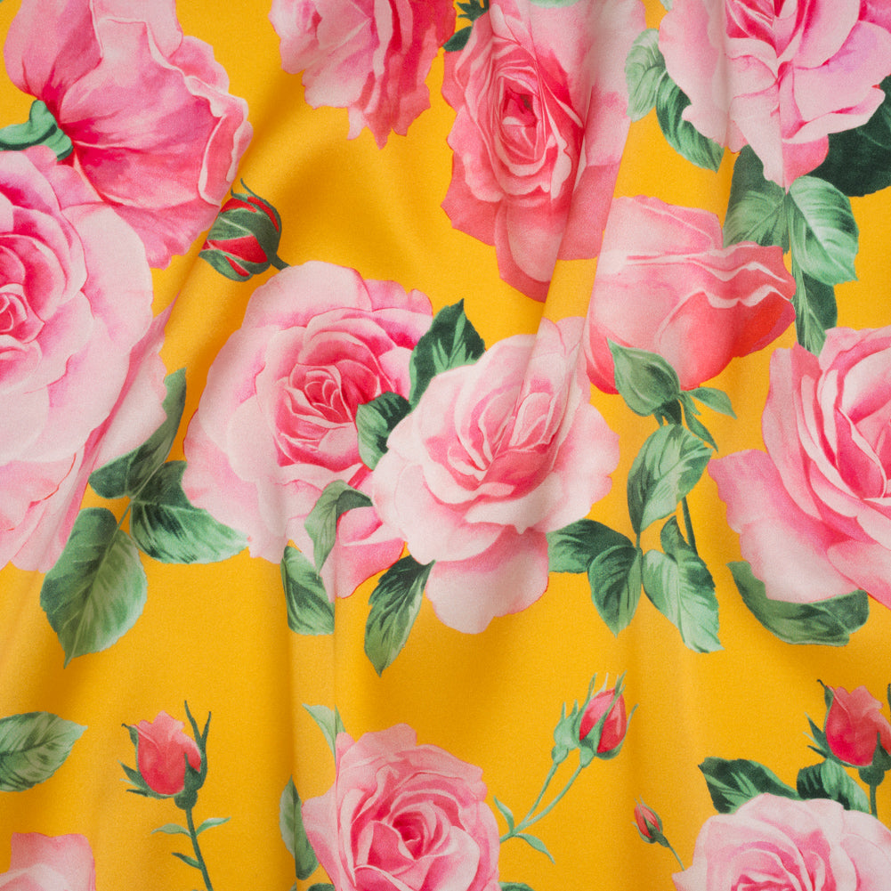 Silk Charmeuse Print 16MM, Made in Italy - Yellow, Pink and Green Bunches of Roses