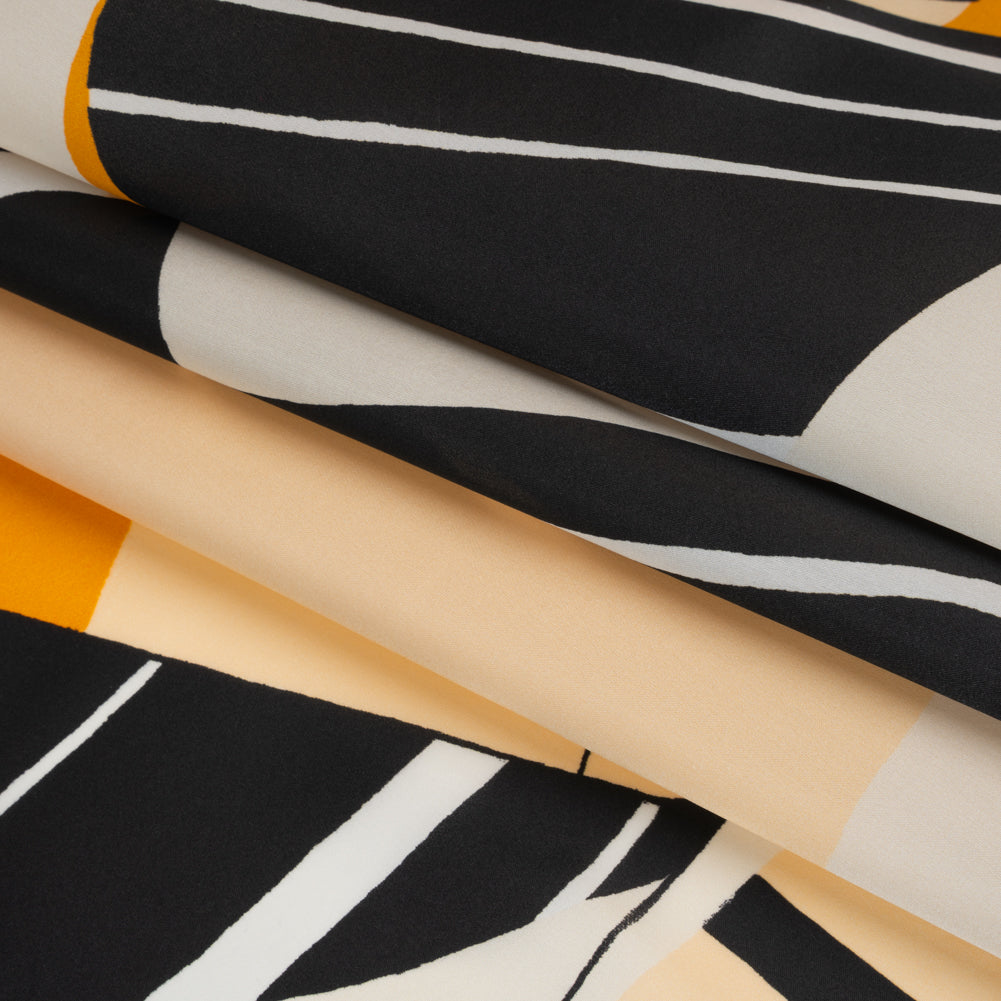 Heavy Silk Satin-Faced Organza, Made in Italy - Off White, Golden Yellow and Black Abstract - Folded