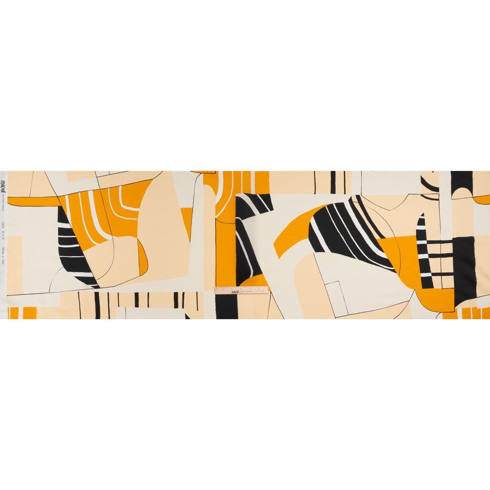 Heavy Silk Satin-Faced Organza, Made in Italy - Off White, Golden Yellow and Black Abstract - Full