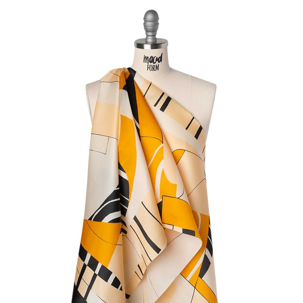 Heavy Silk Satin-Faced Organza, Made in Italy - Off White, Golden Yellow and Black Abstract - Drape