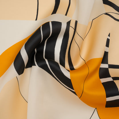 Heavy Silk Satin-Faced Organza, Made in Italy - Off White, Golden Yellow and Black Abstract