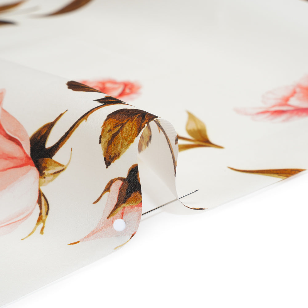 Heavy Silk Satin-Faced Organza, Made in Italy - Pink, White and Green Scattered Tulips and Roses - Detail