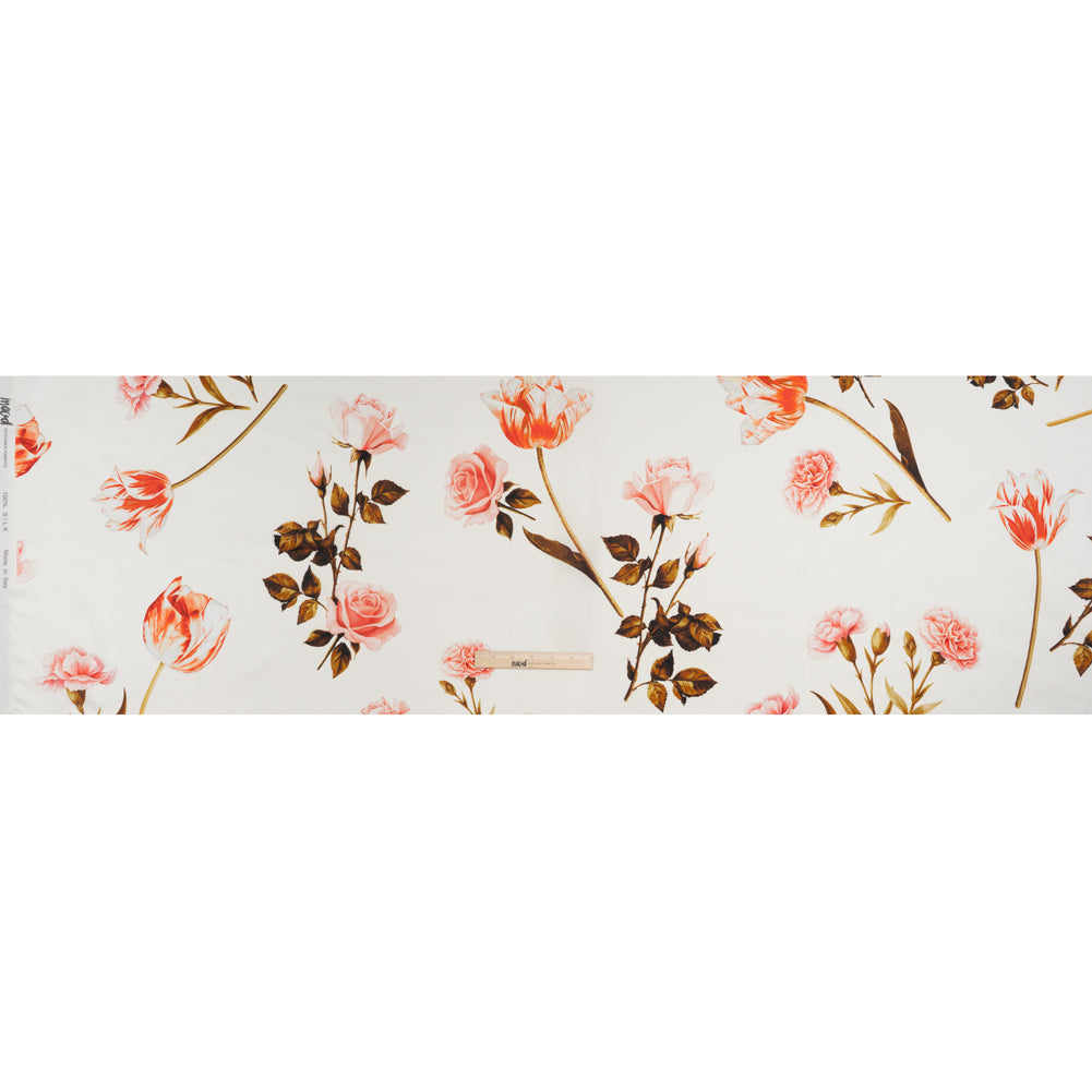 Heavy Silk Satin-Faced Organza, Made in Italy - Pink, White and Green Scattered Tulips and Roses - Full
