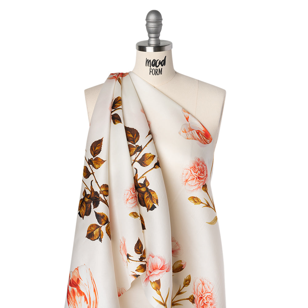 Heavy Silk Satin-Faced Organza, Made in Italy - Pink, White and Green Scattered Tulips and Roses - Drape